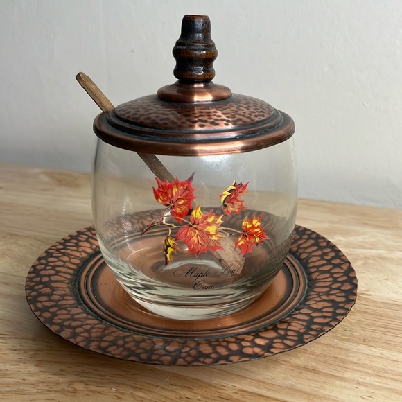 Vintage “Maple Leaf Canada” Glass and copper Jam Jar W/ Lid And Spoon and plate - Picture 1 of 11